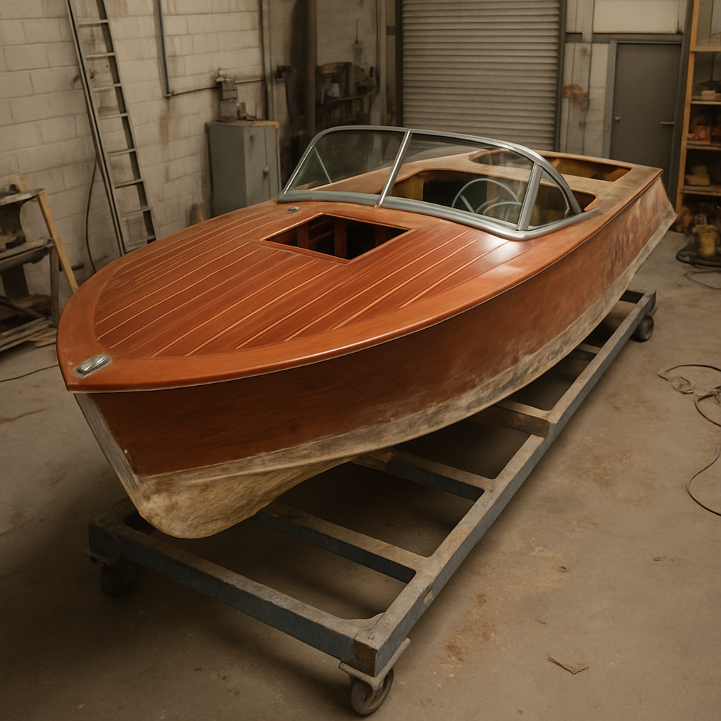Classic powerboat being restored but not finished