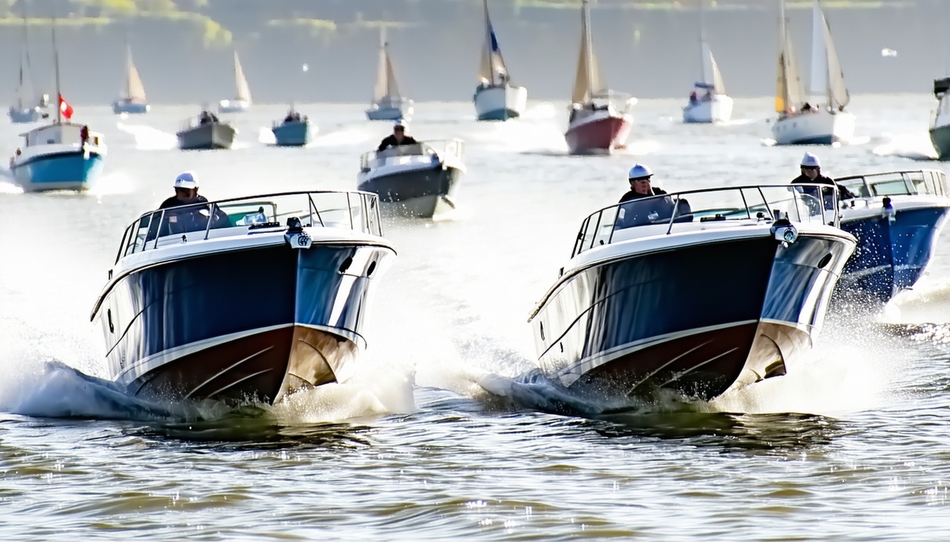 Action shot of classic powerboats racing at a UK event